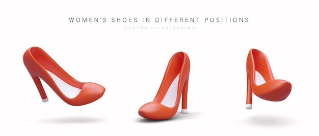 3d womens shoes in different positions high heels set of vector images with shadows