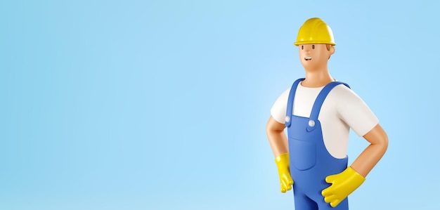 Vector 3d worker builder vector banner cartoon male character of construction worker on blue background