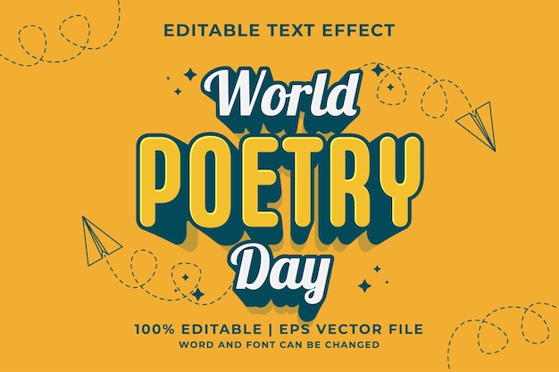 Vettore 3d world poetry day cartoon effetto di testo modificabile vettore premium