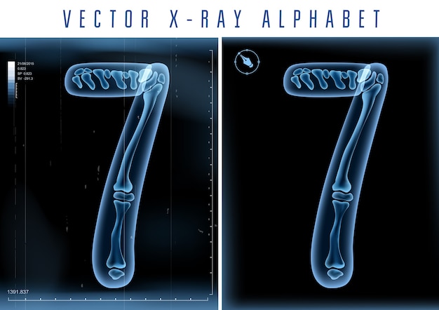 ロゴまたはテキストでの3DX線透過アルファベットの使用。ナンバー7セブン