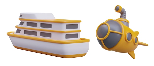 Vector 3d yacht and bathyscaphe with periscope different types of boats