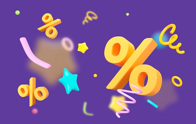 Vector 3d yellow coupons with flying confetti and blur effect on purple isolated background vector