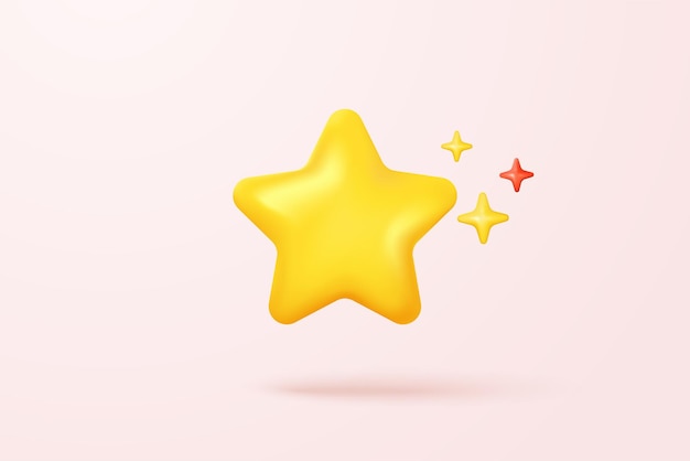 3d yellow stars glossy color icon for game on pink background Customer rating feedback from client about employee of UI website concept 3d star quality icon vector with shadow render illustration