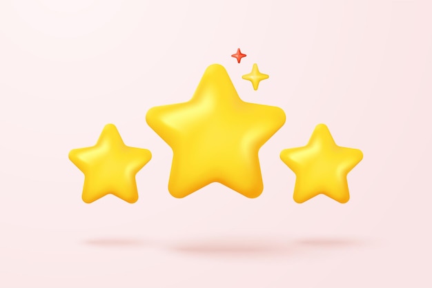 Vector 3d yellow stars glossy color icon for game on pink background customer rating feedback from client about employee of ui website concept 3d star quality icon vector with shadow render illustration