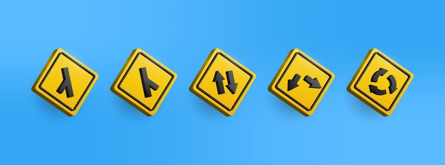 3d黄色警告交通標識アイコンコレクションセット方向交通標識のベクトル図