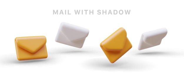 현실적인 현대 메일 아이콘 세트 그림자가 있는 3D 노란색 및 흰색 봉투