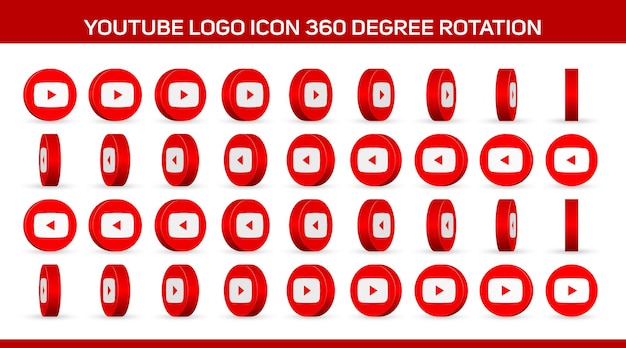 3d youtube logo icons 360 degree rotation for animation isolated on white