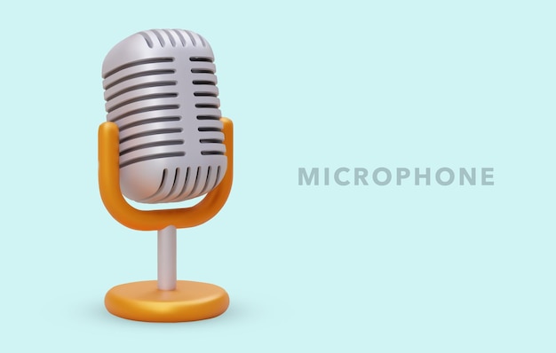 3D zilveren microfoon op gouden stand Vintage studio- en concertapparatuur