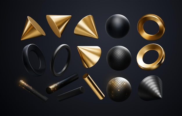3D-zwarte en gouden geometrische vormen Realistische vectorillustratie