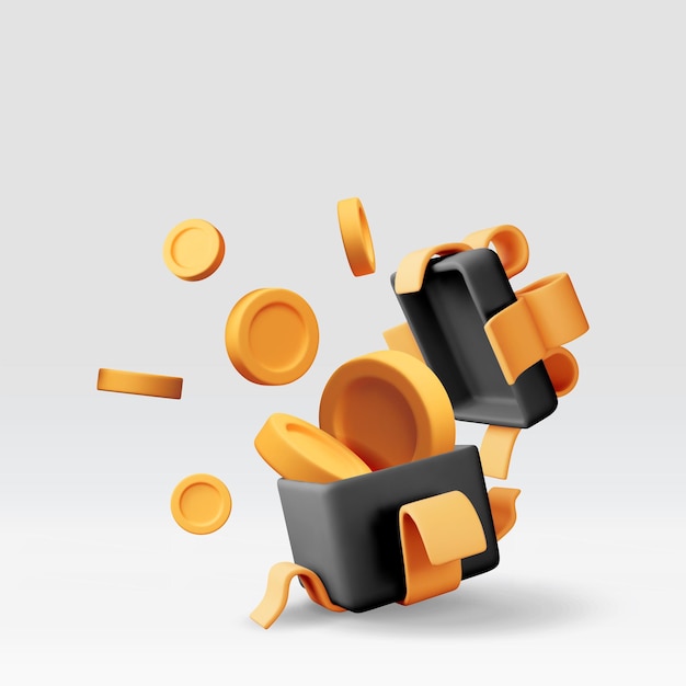 3D zwarte open geschenkdoos vol gouden munten.