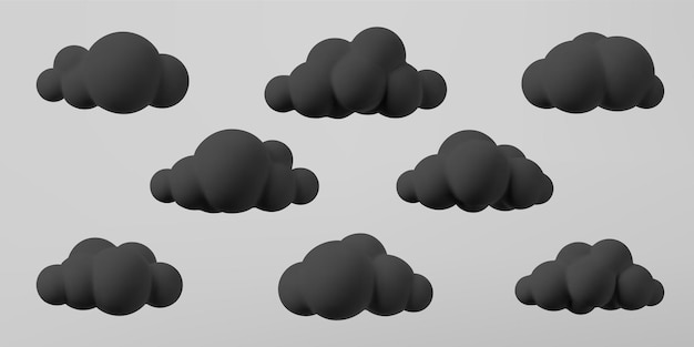 3d-zwarte wolken set geïsoleerd op een grijze achtergrond. render zacht cartoon pluizig zwart wolkenpictogram, donker stof of rook. 3d geometrische vormen vector illustratie.