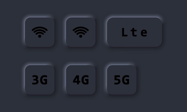 3G, 4G, 5G, LTE 및 와이파이 표시. 무선 연결 버튼. 뉴 모픽 UI UX