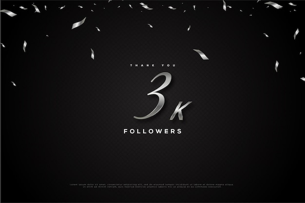 3k followers with black and white paper rain illustration.