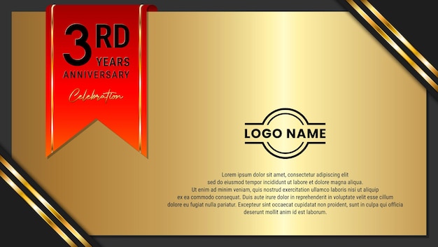 Vector 3rd anniversary design template with a red ribbon on a gold background