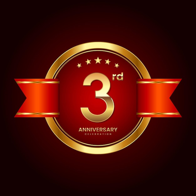 3rd Anniversary logo with badge style Anniversary logo with gold color and red ribbon Logo Vector