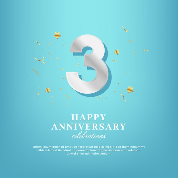 3rd anniversary vector template with a white number and confetti spread on a gradient background