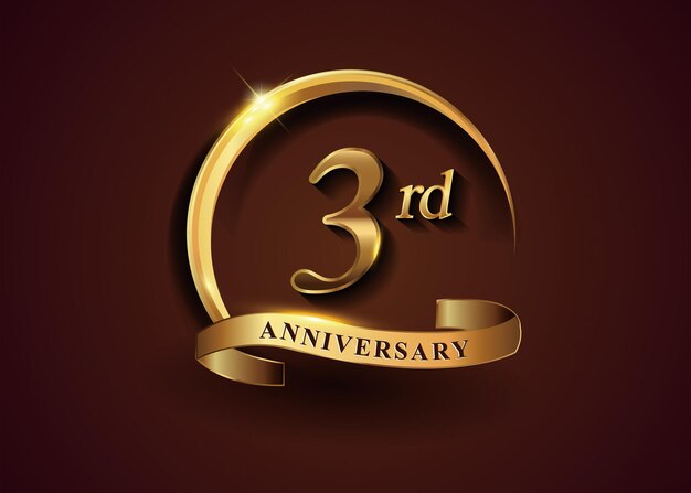 Vector 3rd golden anniversary logo with gold ring and golden ribbon vector design for birthday