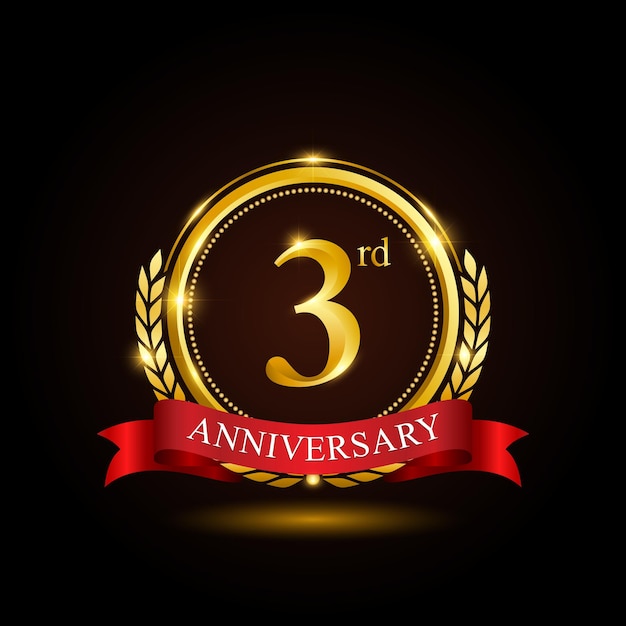 Vector 3rd golden anniversary template design with shiny ring and red ribbon laurel wreath isolated on black background logo vector