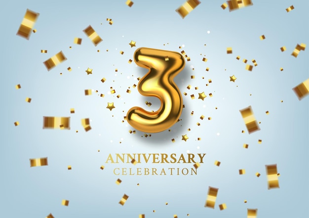 Celebrazione del 3 ° anniversario numero sotto forma di palloncini dorati.