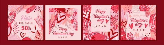 4 абстрактных шаблона ко Дню святого Валентина на розовом фоне.