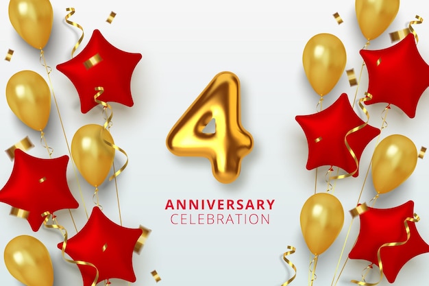 Celebrazione del 4 anniversario numero a forma di stella di palloncini dorati e rossi. numeri d'oro 3d realistici e coriandoli scintillanti, serpentine.