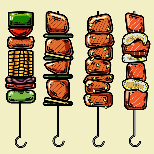 Vector 4 barbecueset 1 in cartoonstijl