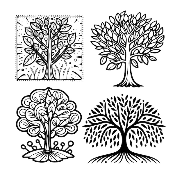 4 Black tree set silhouette isolated on white background