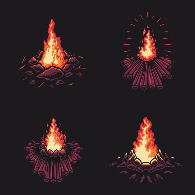 4 camp fire bundling design retro illustration