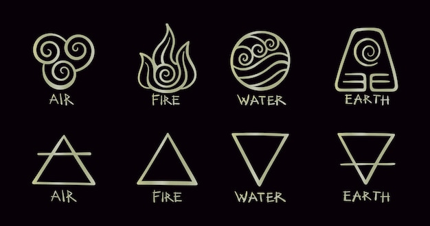 4 elements of nature Vector golden icons for air fire water and earth isolated on black background