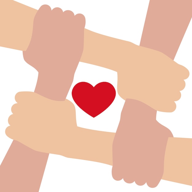 4 hands together holding each other Red heart in the center Vector