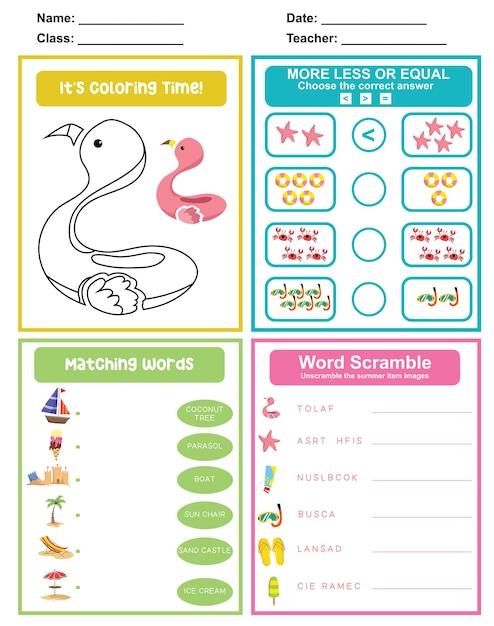 Vector 4-in-1 activiteitenblad voor kinderen. kleuren, min of meer gelijk, bijpassende woorden en schrijven