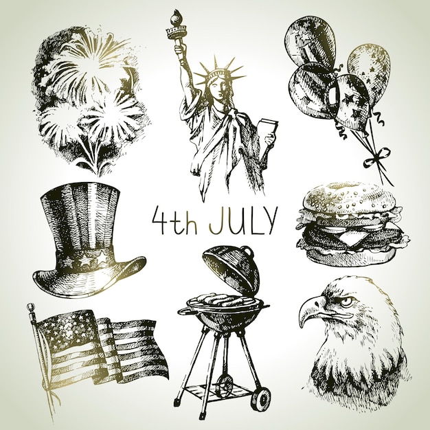 Vector 4 juli ingesteld. handgetekende illustraties van independence day of america