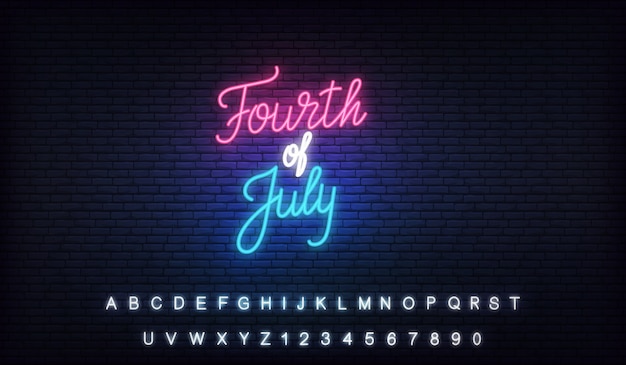 4 juli neon. USA Independence Day gloeiende letters met alfabet