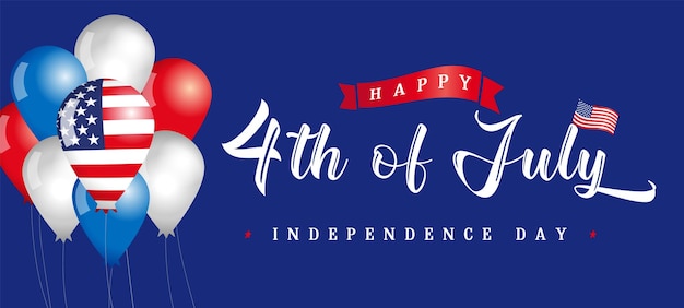 4 juli onafhankelijkheidsdag blauwe vintage belettering en 3D-ballonnen Horizontale banner concept