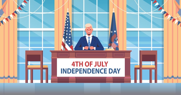 Vector 4 juli viering president van de verenigde staten spreekt tot mensen amerikaanse onafhankelijkheidsdag banner