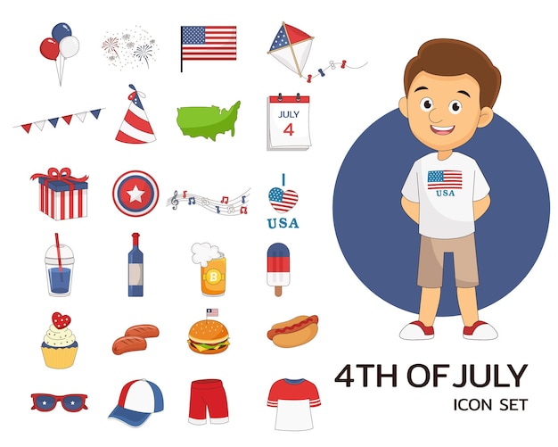 4 Of July set concept flat icons