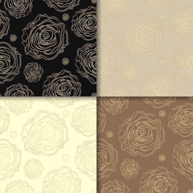 4 luxury endless patterns with golden roses bud. Romantic hand drawn floral print. Flowers sketch