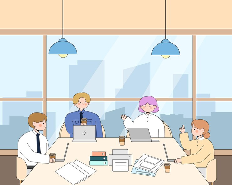 Vector 4 남성과 여성 사무실 직원은 적극적으로 토론하고 회의를합니다.