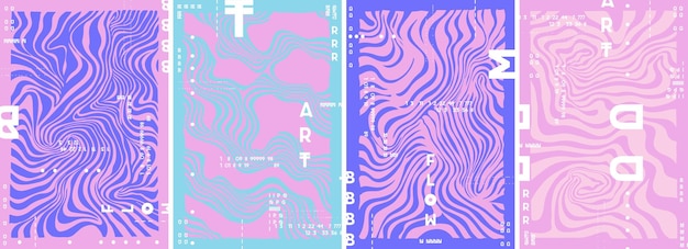 Vector 4 pastelkleurige verticale banners in een vectorminimalistische stijl met eenvoudige vormen vloeibare lijnen golvende patronen lijnen en golven in roze blauwe en paarse kleuren