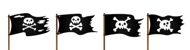 4 bandiera pirata con teschio jolly rogeras e ossa incrociate design piatto illustrazione vettoriale