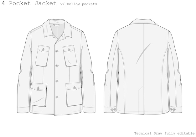 Vector 4 pocket jas_ een technische tekening van een jas met binnenaanzicht