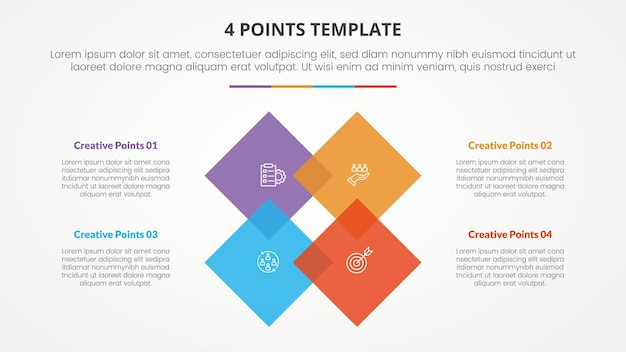 4 포인트 스테이지 리스트 템플릿 인포그래픽 슬라이드 프레젠테이션을위한 슬라이드 컨셉, 다이아몬드 모양 사이클 회전, 평평한 스타일