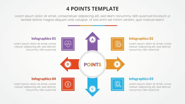 4 points stage template infographic concept for slide presentation with big circle and arrow spreading 4 point list with flat style vector