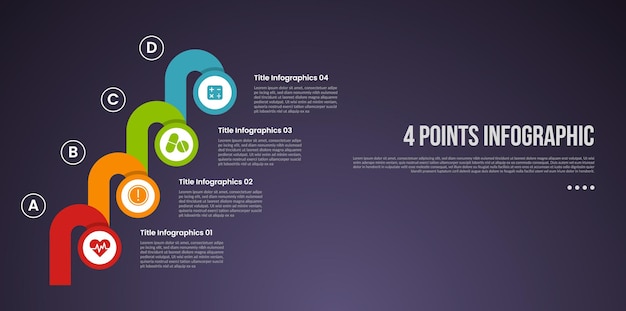 4 points or step process infographic with creative circle and round shape stacking stairs with modern dark style for slide presentation