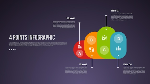 4 points or step process infographic with creative cloud shape with line description information with modern dark style for slide presentation