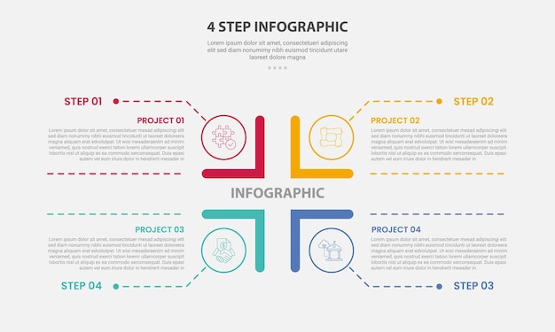 4 points template infographic outline style with 4 point step template with square matrix base structure with dotted line pointer for slide presentation