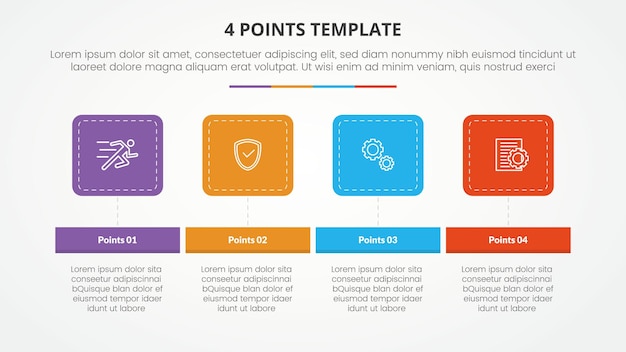 4 punten podiumsjabloon infographic concept voor diapresentatie met ronde vierkante horizontale 4-puntslijst met vlakke stijlvector