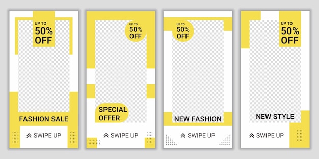 4ファッション販売ポストソーシャルメディアテンプレートのセット明るい黄色と白の色の背景デザインレイアウトプロモーションブランドファッション白と黄色の背景色形状ベクトルイラスト