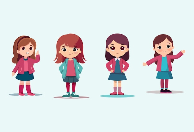 4 sets of female characters wearing purple clothes suitable for product offer design