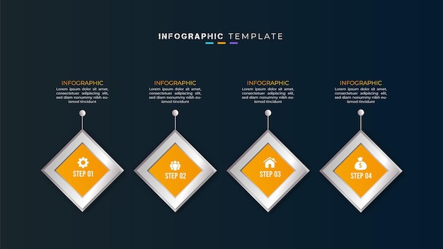 4 step timeline business infographic element and creative presentation design on dark background